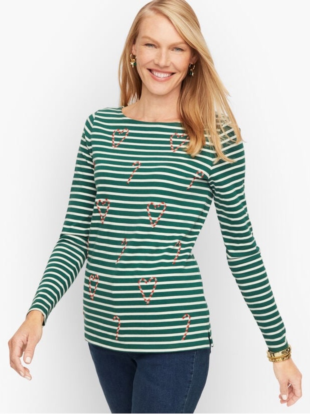Talbots Green and White Striped Shirt with Candy Cane Detail